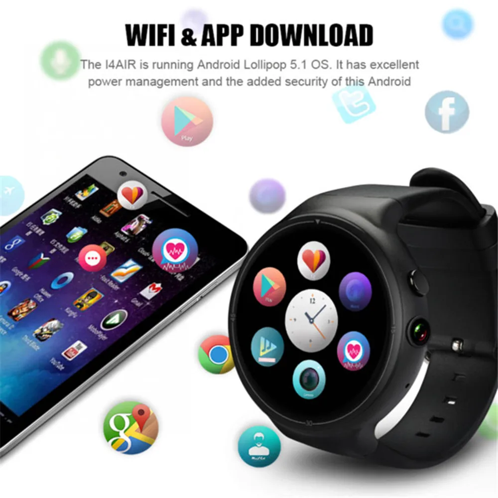 

Smart Watch i4 AIR RAM 2GB+ROM16GB Camera 2.0 Android 5.1 3G WIFI GPS Google Play Heart Rate Monitor for Android IOS Phone