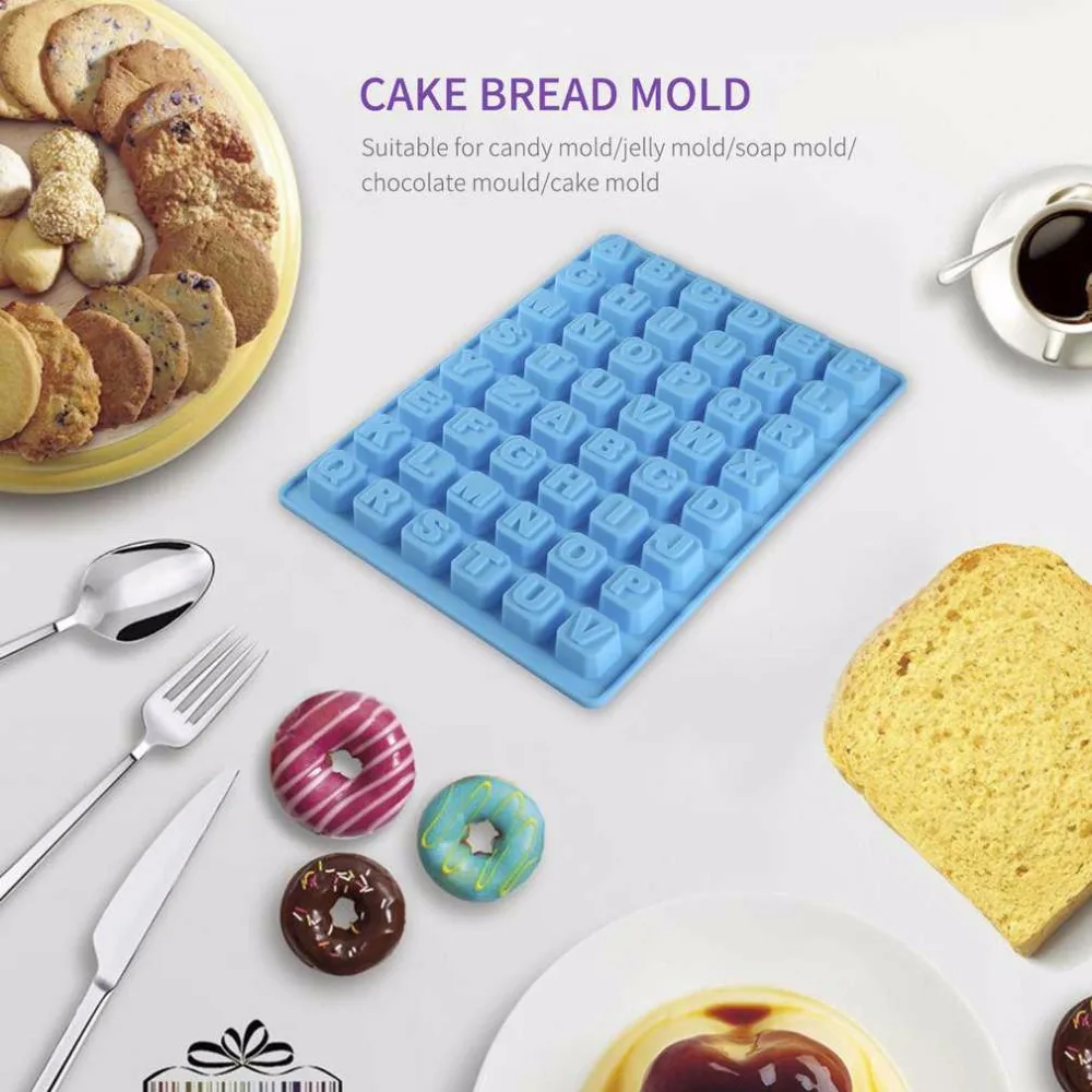

Blue 48 Cavity Slots English Alphabet Silicone Mold for Making Homemade Chocolate Peanut Butter Cup Candy Gummy Jelly