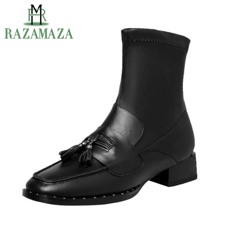 

RAZAMAZA Women Genuine Leather Ankle Boots Fringes Winter Shoes For Women Low Heel Boots Square Toe Stretch Shoes Size 34-39