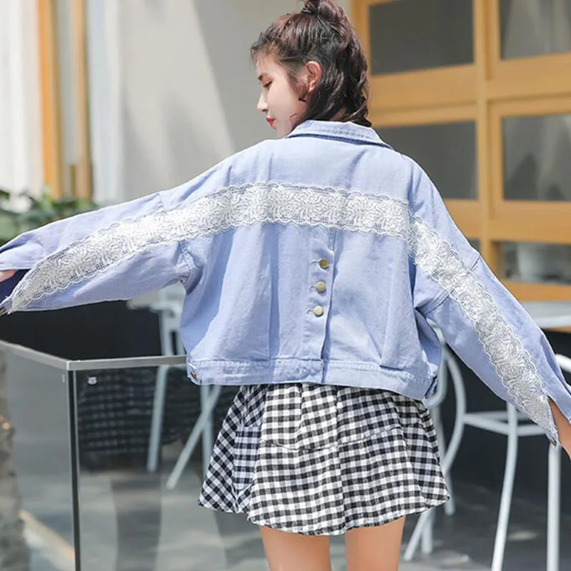 

2019 new Korean girl lace short denim jacket