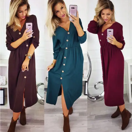 

Women Long Sleeve Shirt Maxi Dress Lady Casual Button Long Shirt Blouse Sundress