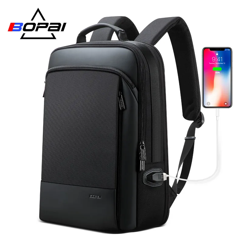 BOPAI, мужской рюкзак, расширяемый, на выходные, рюкзак для путешествий, мужской водоотталкивающий рюкзак для ноутбука, рюкзак для компьютера, мужской рюкзак - Цвет: Black