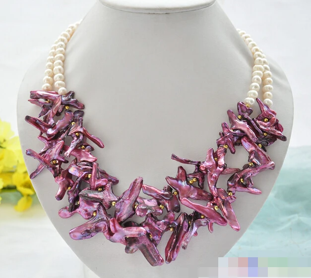 

huij 004383 2row 20" 42mm purple BAROQUE cross white ROUND PEARL NECKLACE