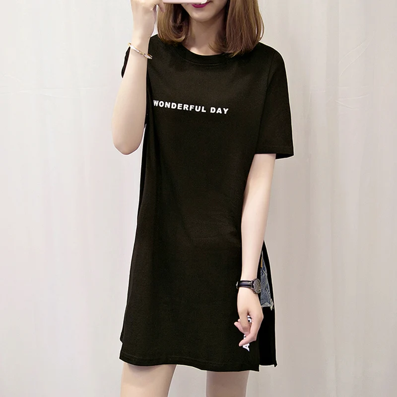 

Womens Large Size Summer T-shirt Long T-Shirt Letter Women T-shirt Split tops Black White Korean Shirts