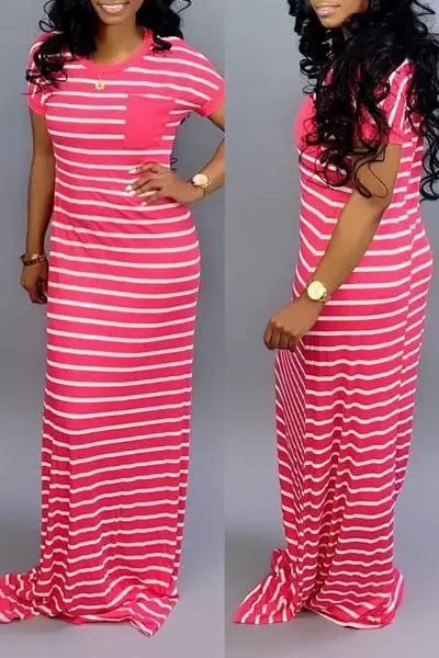 

Striped Chevron Print Smock Maxi Dress Women Casual Short Sleeve Summer Dress Round Neck Cotton Lady A Line Long Dress