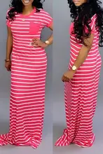 Striped Chevron Print Smock Maxi Dress Women Casual Short Sleeve Summer Dress Round Neck Cotton Lady A Line Long Dress tie neck smock gingham dress