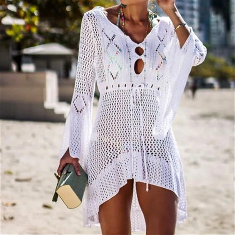 

2019 New Bohemian White Solid Crochet Tunic Women Summer Beachwear Sexy Hollow Out Flare Sleeve Front Short Back Long Dress