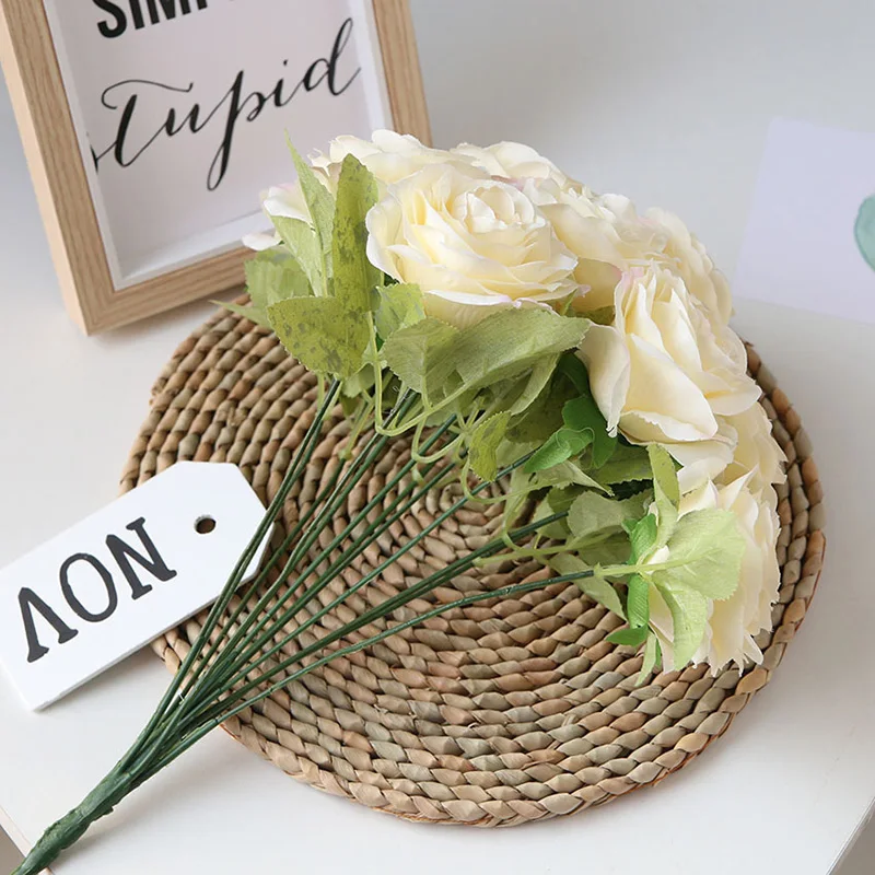 Flone Artificial Silk Rose Flower Bouquet Fake Flowers 12 Head Small Fresh Wedding Rose Decoration Home Decoration Accessories (19)