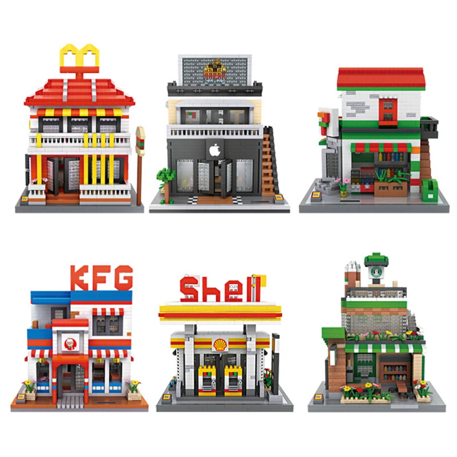

Loz mini diamond block city street view nanoblock McDonalds apple store shell oii station Starbuck coffee shop bricks toys