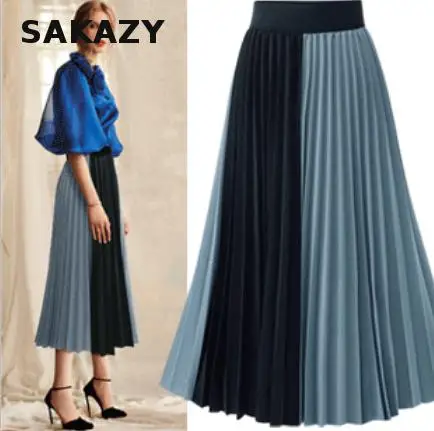 

2019 Elastic Waist Skirts Women Elegant Sweet High Waist Party Irregular Chiffon Colorblock Pleated Summer Skirt With