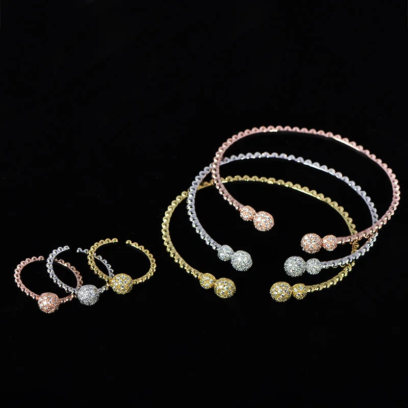 

Dazz NEW Exquisite Ring Bangle Sets Shiny Zircon African Ball Tricolor Copper Jewelry For Women Bride Wedding Party Jewelry Gift