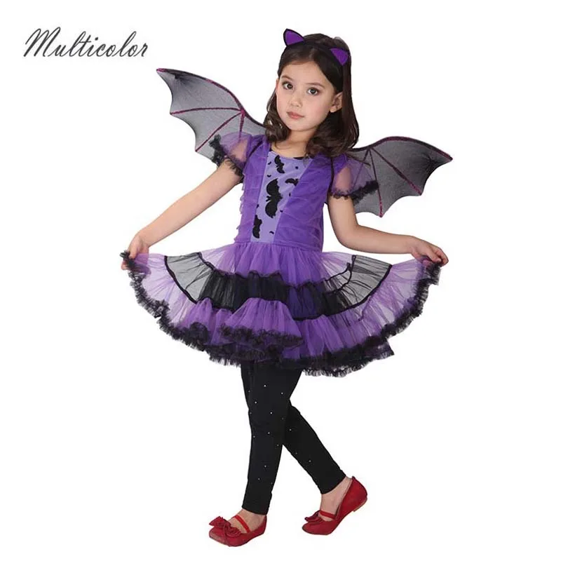 

Girl Masquerade Party Bat Girl Costume Children Cosplay Dance Dress for Kids Purple Halloween Clothing Lovely Dresses