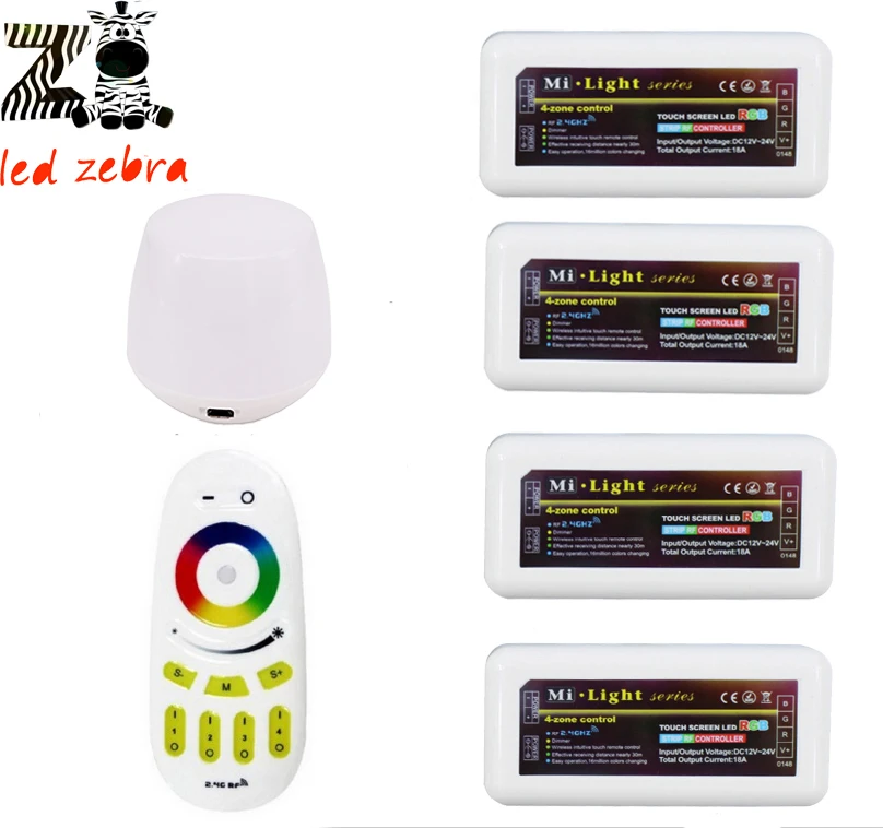 

2.4g rgb touch screen remote led controller+mi.light rf wifi ibox+4pcs 4-zone wireless controller for rgb led strip bulb