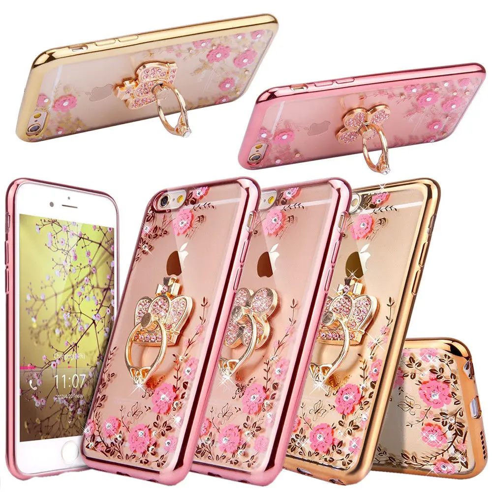 

Luxury Glitter Crystal Plating Bling Crown Ring Holder Case For Samsung S7 edge S8 S9 Plus Note 4 Note 5 Note 8 Flower Holder