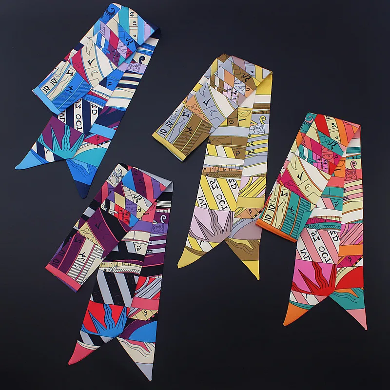 

POBING Design Letter Plaid Print Silk Scarf Women Head Scarf Brand Small Tie Handle Bag Ribbon Long Scarves Female Wraps 100*5CM