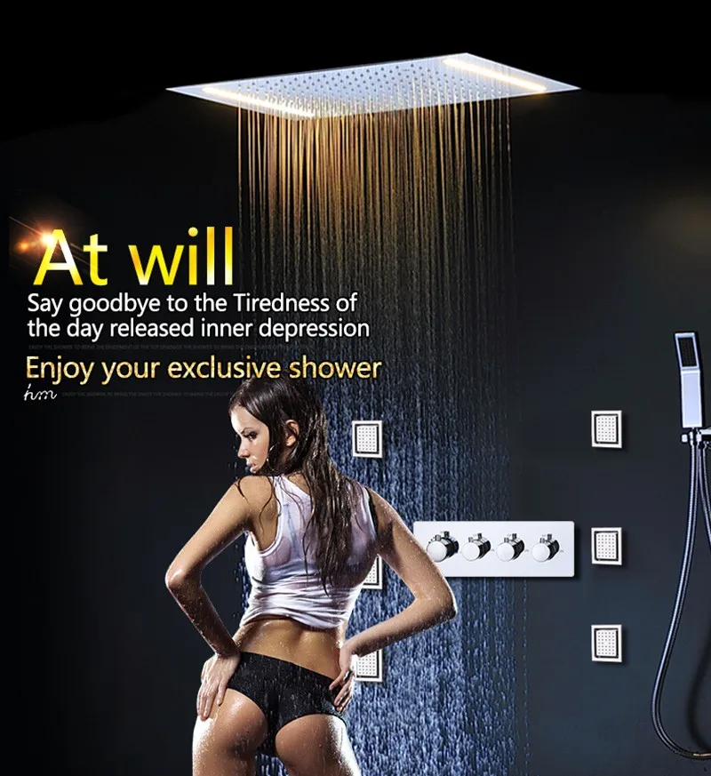 hm LED Rain Shower Set with 2 Lights with Handshower Body Jet Massage Thermostatic Mixer Bathroom Ceiling (1)