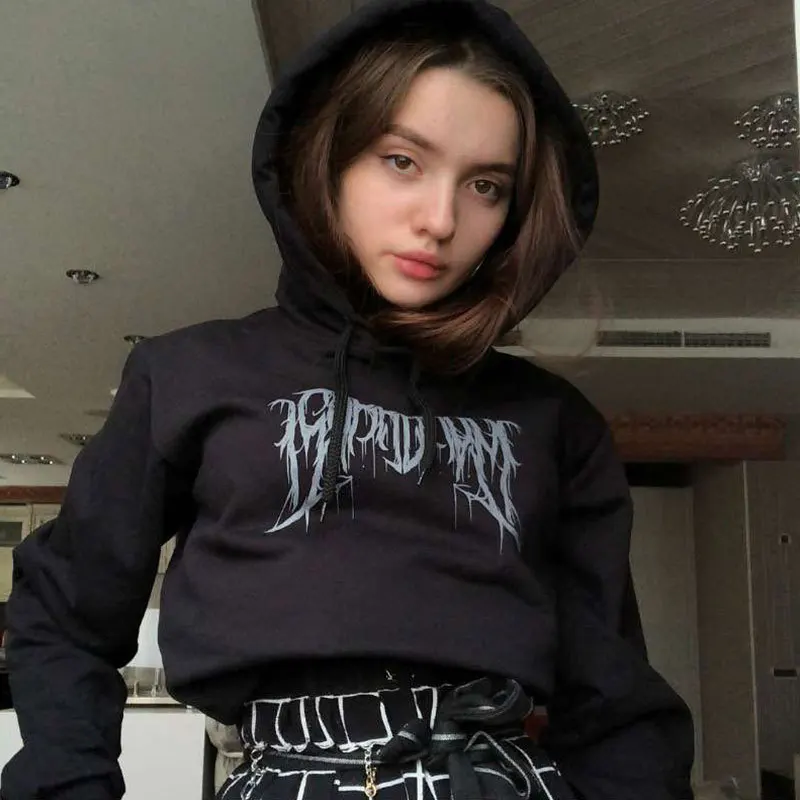 

Hoodies Women Long Sleeves Letter Harajuku Print Girl Pullovers Short Tops Woman Hooded Sweatshirt Black