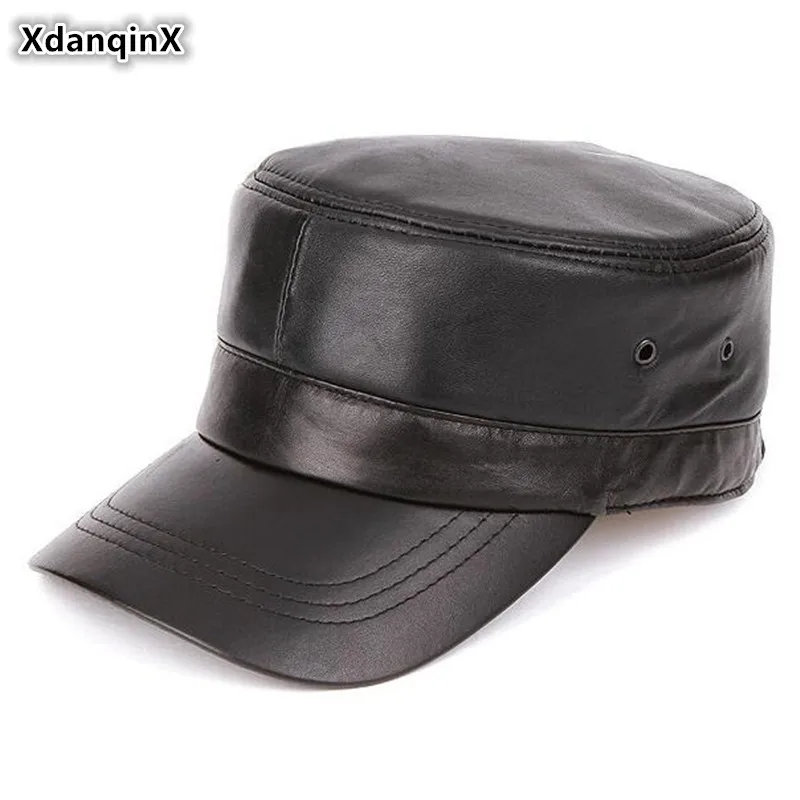 XdanqinX, осенне-зимние шапки из натуральной кожи, Мужская теплая плоская кепка, военная шапка, регулируемый размер, из овечьей кожи, модная кепка для папы