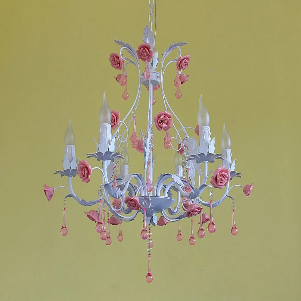 

Products Pastoral Style chandelier led Rose Flower Iron E14 Children's Bedroom 110v-220v Lovely Children Pink Lighting Crystal L