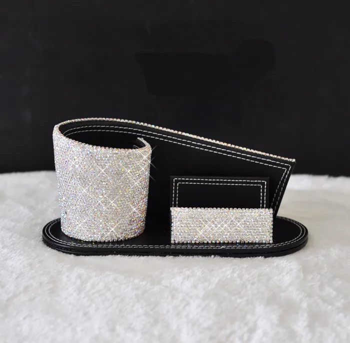 

Name card holder Pen holder with crystals Office organizer box leather Multi-function Office decoration