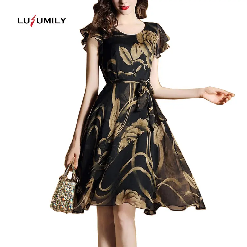 

Lusumily Summer Women Chiffon Dress 2019 Floral Print Dresses Casual Slim O-neck Belt Plus Size Elegant Vestidos Mujer Clothing