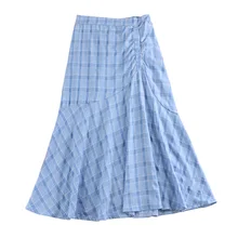 Летняя Гибкая эластичная юбка рыбий хвост с высокой талией для женщин винтажные клетчатые юбки женские синие зеленые черные бежевые saia saias