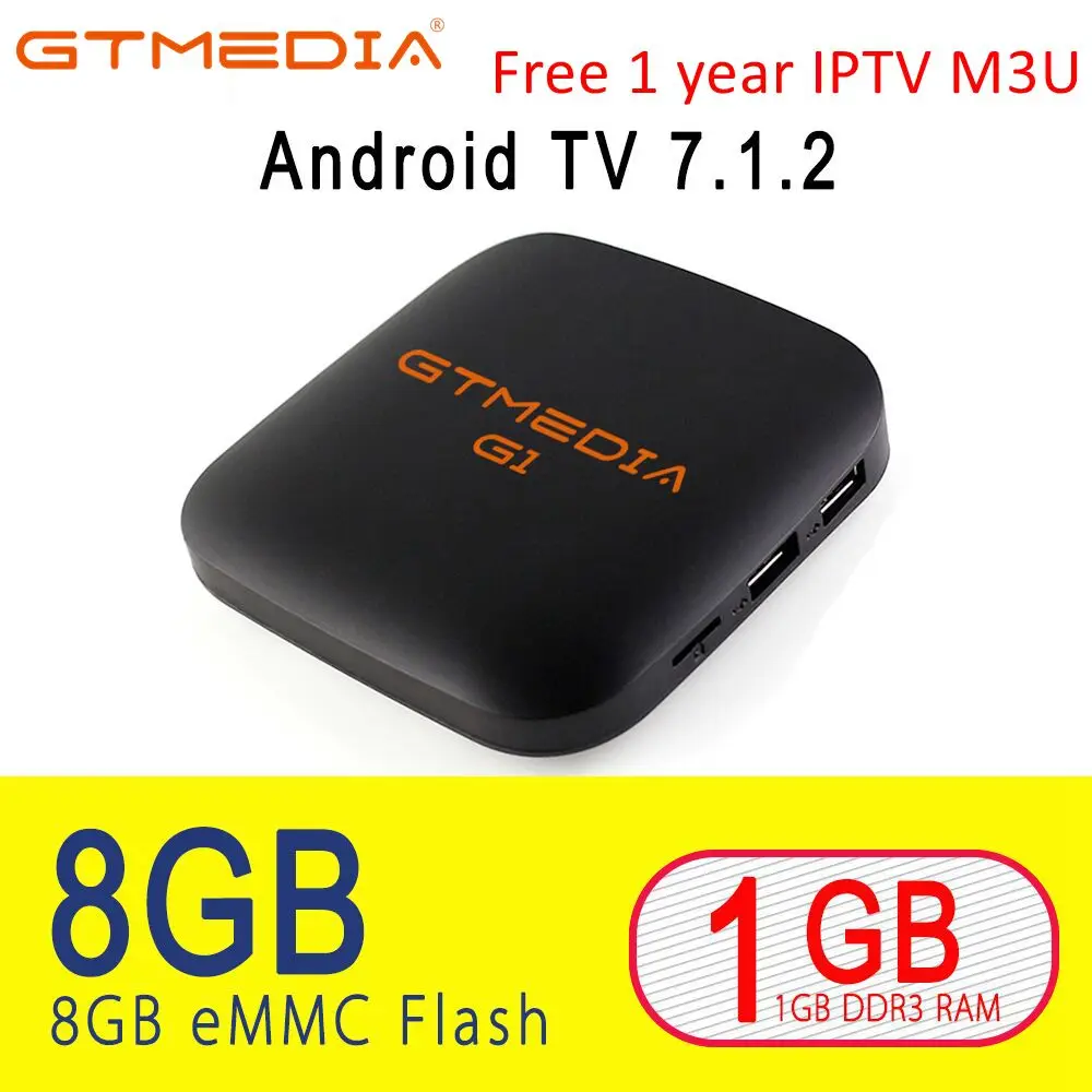 

Gt Media G1 Android 7.1 TV Box with 1 Year IPTV M3U Iptv Subscription Amlogic S905W 1GBRAM +8GBROM H.265 1080P PK Mi TV Box 2 3