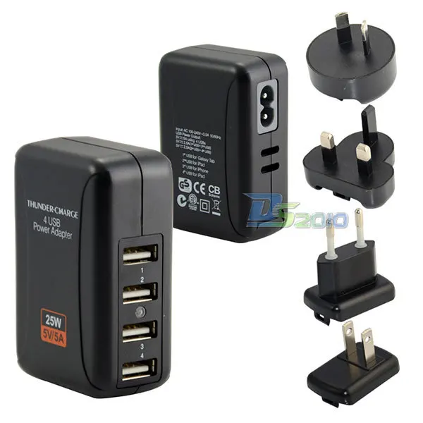 Black Ultra 4 Port USB 5V/5A 25W Wall Travel AC Charger International Power Adapteradapter