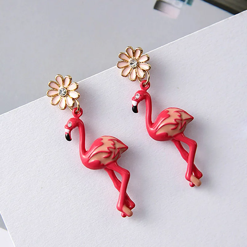 

2018 Korean Fashion Cute Rhinestone Flower Flamingo Birds Animal Drop Earrings for Women Wedding Party Fashion Ear Jewelry Gift