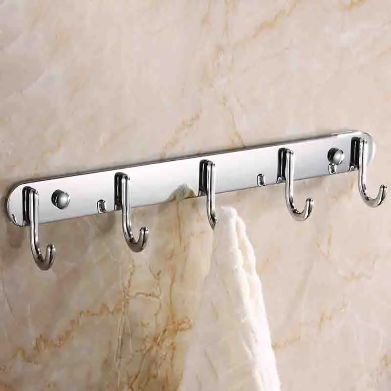 Stainless Steel Storage Shelf For Bathroom With 5 Hooks Wall Mounted Hanger Rack Shower Towel Key Organzier Kitchen Accessories