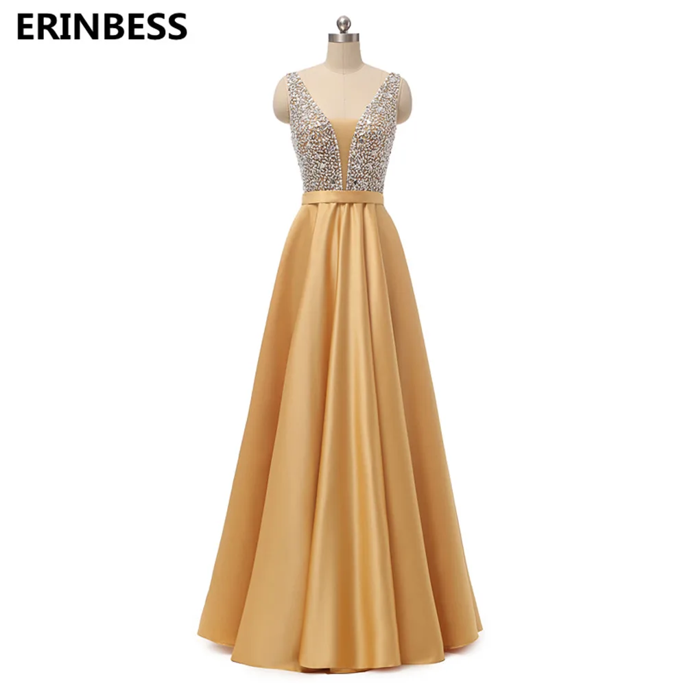 Vestido de festa Longo, вечерние платья, длинное платье, темно-синее атласное с бусинами и v-образным вырезом, вечернее платье, вечерние платья - Цвет: Золотой