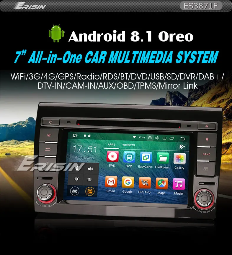 Top 7" Quad-Core Android 8.1 Oreo OS Car DVD Multimedia Navigation GPS Radio for Fiat Bravo 2007 2008 2009 2010 2011 2012 2013 2014 1
