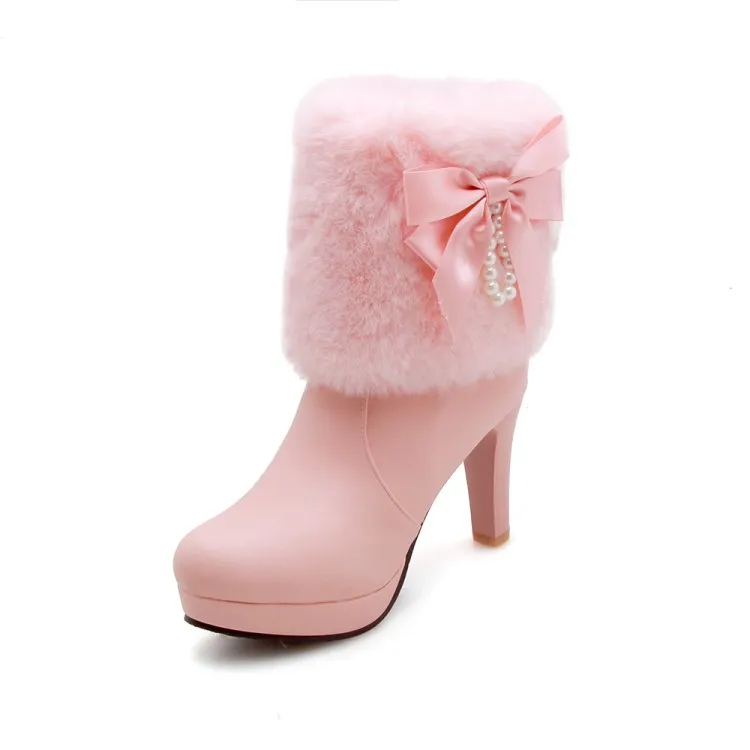 Женские ботинки Осень-зима г. Пикантная модная обувь на очень высоком каблуке, на платформе, из Pu искусственной кожи, с круглым носком, на молнии, до середины икры, на толстом каблуке, с искусственным мехом - Цвет: pink