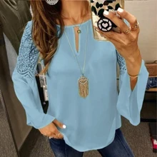 Women Solid Long Sleeve Blouse O-neck Hollow Out Tops Autumn Flare Sleeve Chiffon Blouses chic women s hollow out long sleeve blouse