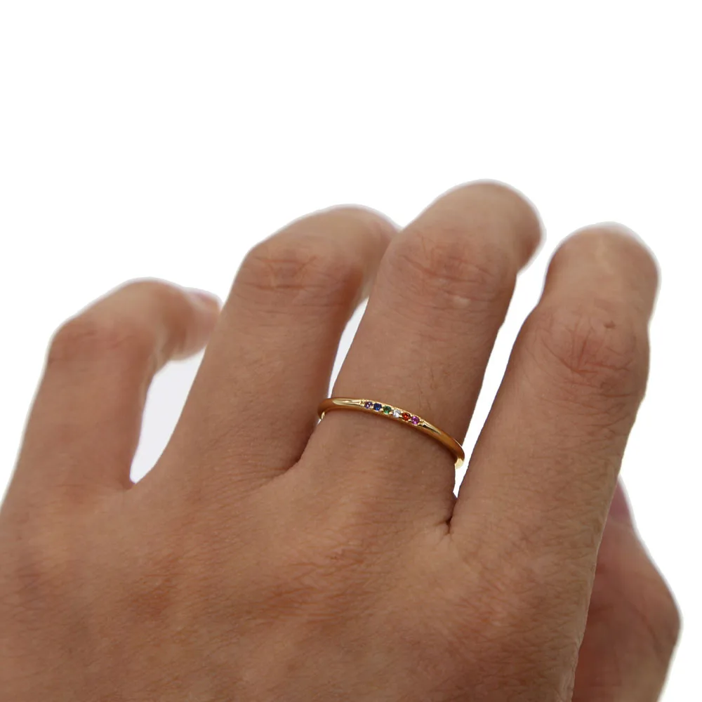 100% 925 sterling silver thin cz band Gold ring for women Rainbow multi color colorful cz thin band minimal delicate dainty ring