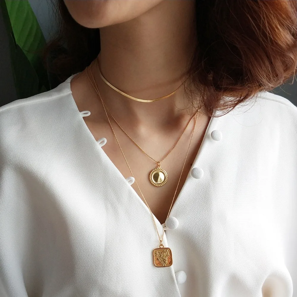 

1 Authentic 925 Sterling silver heart Geometric necklace gold round Glossy surface square card rose flowers pendant Jewelry X79