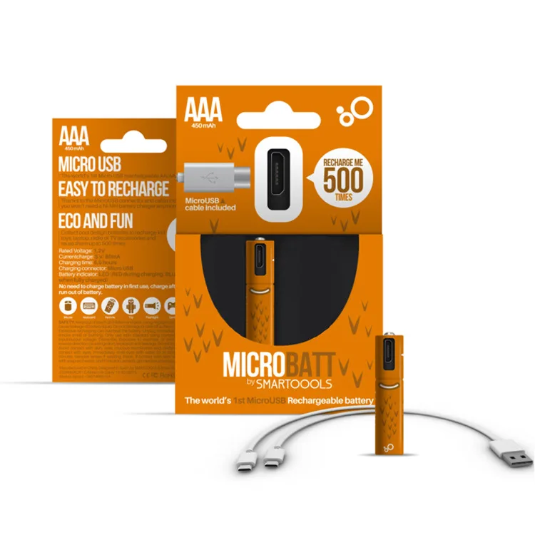 

SMARTOOOLS 2Pcs/lot 1.2V 450mAh USB AAA Rechargeable Battery NI-MH Batteries USB AAA Long Life For Toys