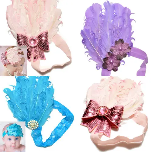 

Newborn Baby Girl Infant Feather Toddler Bow Hair Band Girls Accessories Headwear