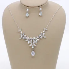 Stunning Copper Wedding Cubic Zircon Jewelry Set Bridal CZ Necklace Earring Set Banquet Party Jewelry Set Bridesmaids Jewelry bride zircon drops hypoallergenic ear clip necklace set wedding bridal party jewelry set dress up necklace earring set