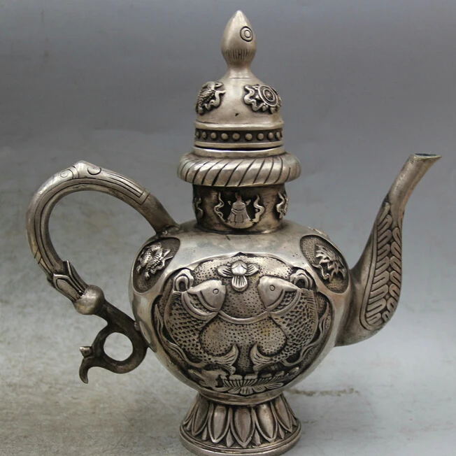 

9" Chinese Dynasty Silver Beast handle 8 Auspicious Symbol Wine Tea Pot Flagon R0711