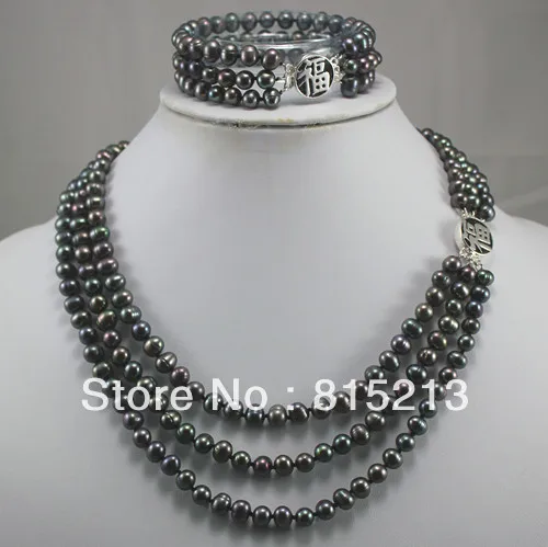 

ddh00163 Pretty 3 Rows 7-8mm White pearl 925 silver'' FU'' clasp necklace bracelet