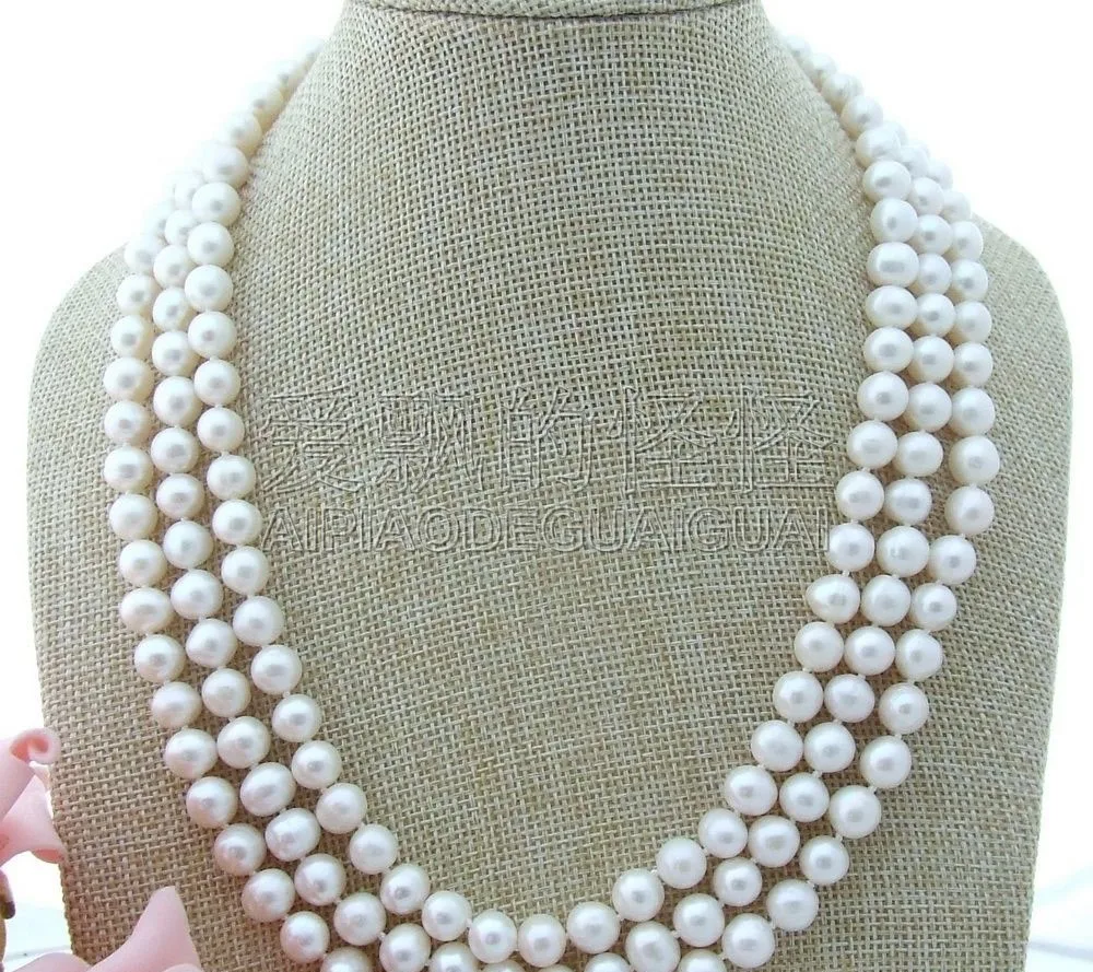 

N072512 19'' 8-9MM 3 Strands White Pearl Necklace CZ Clasp