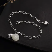 Pulsera Vintage de flor de loto 925 Plata de Ley Hetian Jade Natural piedras preciosas pulseras de cadena brazaletes mujeres