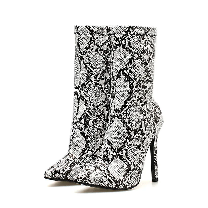 Модные женские кожаные ботинки для стриптиза на высоком каблуке 11,5 см; ботильоны со шнуровкой под змеиную кожу; весенняя обувь со змеиным принтом для выпускного - Цвет: White