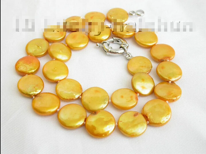 

Free shipping >>>>>>AAAA LUSTER 15MM YELLOW COIN ROUND PEARL NECKLACE 18KGP CLASP j3666