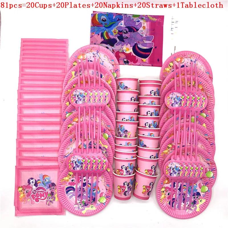 

My Little Pony Theme Design Paper Tablecloth Disposable Tableware Sets Kid Birthday Family Party Decoration Supplies 81Pcs/51Pcs