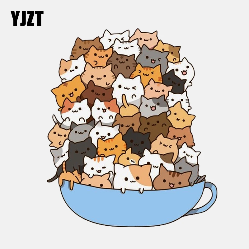 

YJZT 13.1CM*15.3CM Cute Cup Full Of Cats PVC Decoration Car Sticker 11-00953