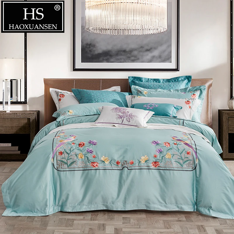 

Luxury 4pcs Cotton Bedding Sets Green Vivid Chinese Style Embroidery Bed Linens Queen King Size Adult Bed Set 650 Thread Count