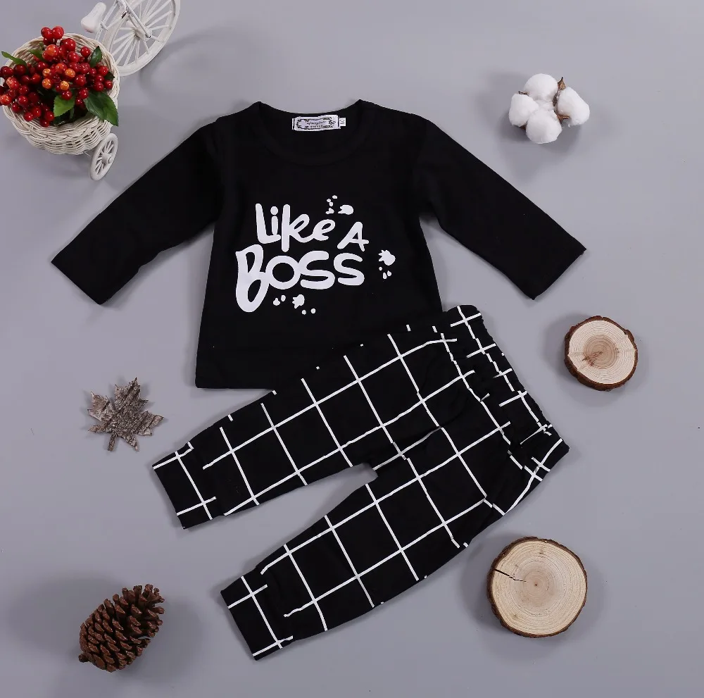 2020 Spring Autumn Baby Boy Outfits Like A Boss Long Black Tops+Pant 2PCS Clothing Sets Kids Infant Boys Girls Clothes | Детская одежда