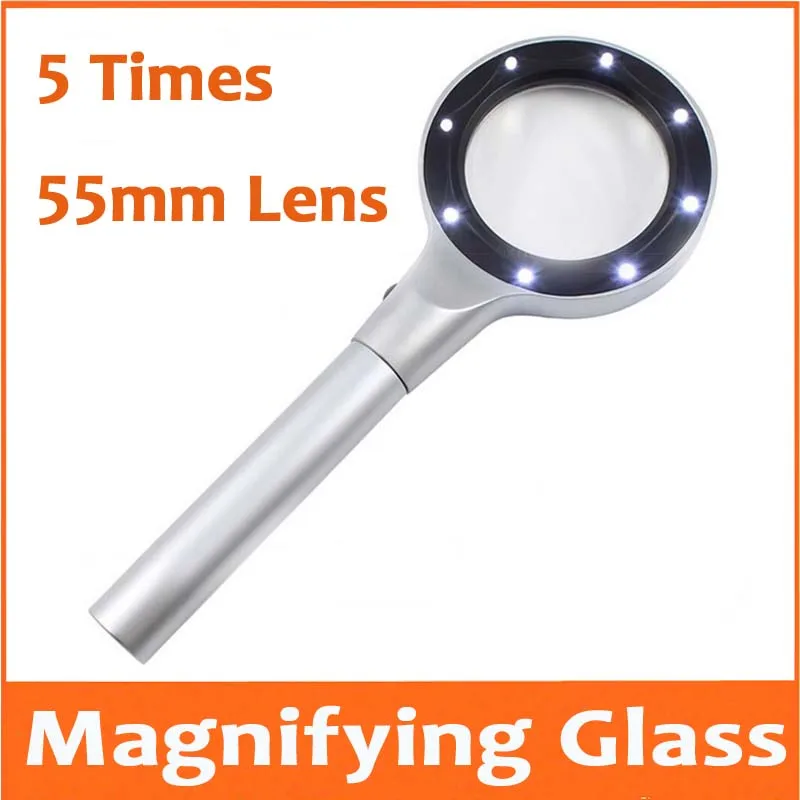 5X Metal Handheld Reading Magnifying Glass Gift Toys Insects Viewer Optical LED Illuminated Magnifier 5 Times with 8pcs Lamps |